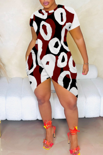 Red White Sexy Print Slit O Neck Wrapped Skirt Dresses