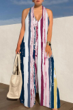 Dark Blue Casual Print Backless Halter Loose Jumpsuits