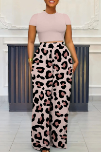 Light Pink Casual Print Pocket O Neck Short Sleeve Two Pieces