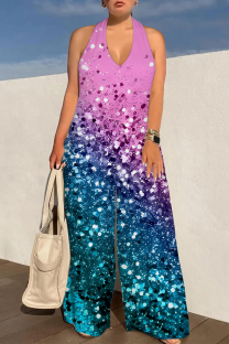 Blue Pink Casual Print Backless Halter Loose Jumpsuits