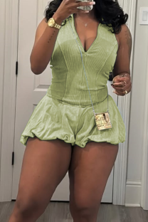 Grass Green Casual Solid Color Patchwork V Neck Regular Rompers