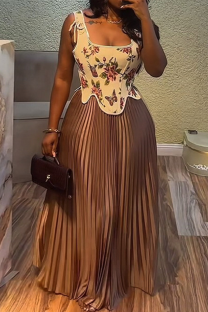 Brown Elegant Print Pleated Irregular Hem Square Neck Sleeveless Two Pieces