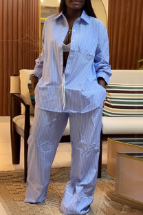 Blue Casual Stripe Buckle Turndown Collar Long Sleeve Two Pieces
