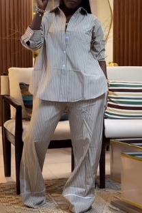 Apricot Casual Stripe Buckle Turndown Collar Long Sleeve Two Pieces
