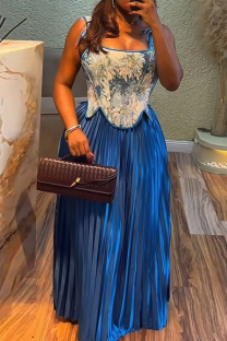 Blue Elegant Print Pleated Irregular Hem Square Neck Sleeveless Two Pieces