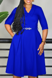 Black Elegant Solid Color With Belt V Neck Long Dresses