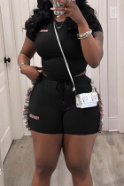 Black Casual Letters Fringed Trim O Neck Short Sleeve Two Pieces