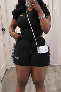 Black Casual Letters Fringed Trim O Neck Short Sleeve Two Pieces
