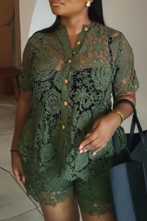 Army Green Sexy Solid Color Lace See-Through Turndown Collar Short Sleeve Two Pieces
