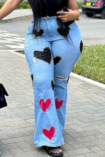 Blue Casual Heart Shaped Mid Waist Regular Denim Jeans