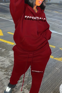 Red Casual Letters Pocket Hooded Plus Size Two Pieces