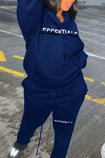 Blue Casual Letters Pocket Hooded Plus Size Two Pieces