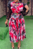 Red Elegant Print Hollow Out Stringy Selvedge Pleated Turtleneck Plus Size Two Pieces