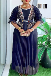 Deep Blue Elegant Solid Color Hot Drill Pleated Asymmetrical Collar Long Plus Size Dresses