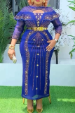 Deep Blue Elegant Solid Color Hollow Out Hot Drill O Neck Long Plus Size Dresses