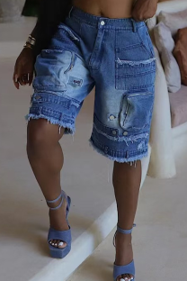 Blue Casual Solid Color Pocket Zipper Mid Waist Loose Denim Shorts