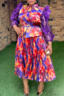 Purple Elegant Print Hollow Out Stringy Selvedge Pleated Turtleneck Plus Size Two Pieces