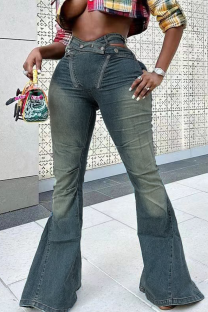 Blue Sexy Street Solid Color Hollow Out Distressed Mid Waist Boot Cut Denim Jeans