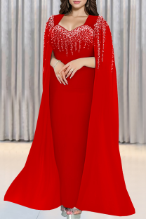 Red Celebrities Prom Solid Color Hot Drill Asymmetrical Collar Long Dresses