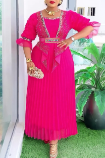 Rose Red Elegant Solid Color Hot Drill Pleated Asymmetrical Collar Long Plus Size Dresses