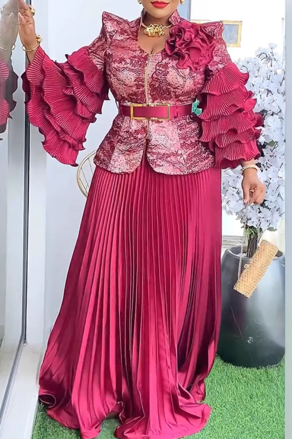 Red Elegant Solid Color With Belt Pleated Flounce V Neck Plus Size Two Pieces
