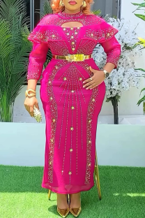 Rose Red Elegant Solid Color Hollow Out Hot Drill O Neck Long Plus Size Dresses