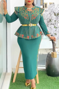 Green Elegant Print Fringed Trim With Belt Zipper Asymmetrical Collar Plus Size Two Pieces