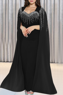 Black Celebrities Prom Solid Color Hot Drill Asymmetrical Collar Long Dresses