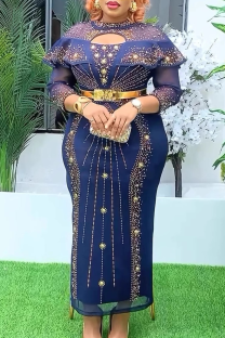 Deep Blue Elegant Solid Color Hollow Out Hot Drill O Neck Long Plus Size Dresses