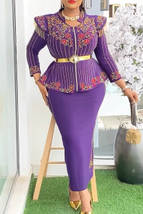 Purple Elegant Print Fringed Trim With Belt Zipper Asymmetrical Collar Plus Size Two Pieces