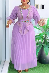 Purple Elegant Solid Color Hot Drill Pleated Asymmetrical Collar Long Plus Size Dresses