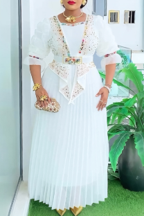 White Elegant Solid Color Hot Drill Pleated Asymmetrical Collar Long Plus Size Dresses