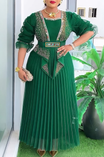 Green Elegant Solid Color Hot Drill Pleated Asymmetrical Collar Long Plus Size Dresses
