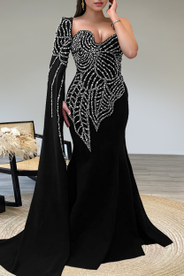 Black Prom Elegant Backless Hot Drill Asymmetrical Collar Long Dresses