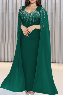 Ink Green Celebrities Prom Solid Color Hot Drill Asymmetrical Collar Long Dresses