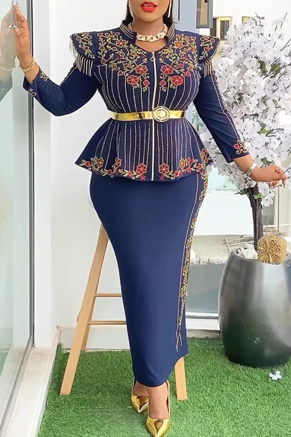Deep Blue Elegant Print Fringed Trim With Belt Zipper Asymmetrical Collar Plus Size Two Pieces