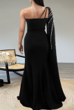 Black Prom Elegant Backless Hot Drill Asymmetrical Collar Long Dresses