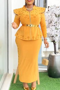 Yellow Elegant Print Fringed Trim With Belt Zipper Asymmetrical Collar Plus Size Two Pieces