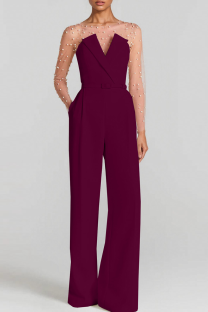 Burgundy Casual Solid Color With Belt Strapless Regular Jumpsuits