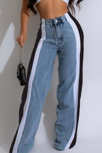 Black And White Casual Leopard Print Contrast Mid Waist Loose Denim Jeans