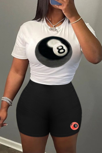 White Black Casual Print Contrast O Neck Short Sleeve Two Pieces