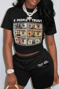 Black Casual Print Patchwork O Neck Short Sleeve Two Pieces