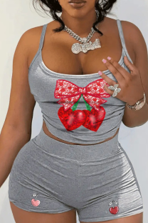 Grey Sexy Print Patchwork Spaghetti Strap Sleeveless Two Pieces