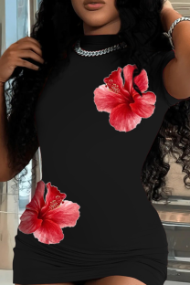 Black Sexy Print Patchwork O Neck Wrapped Skirt Dresses