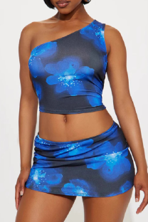 Blue Sexy Print Patchwork Oblique Collar Sleeveless Two Pieces