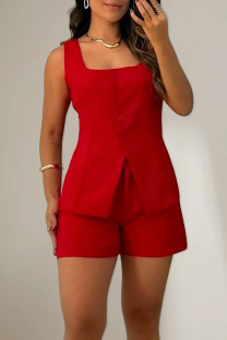Deep Red Sexy Solid Color Buckle Slit Square Neck Sleeveless Two Pieces