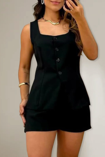Black Sexy Solid Color Buckle Slit Square Neck Sleeveless Two Pieces