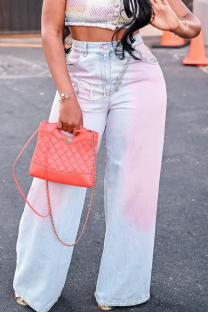 Pink Casual Gradient Patchwork Mid Waist Loose Denim Jeans