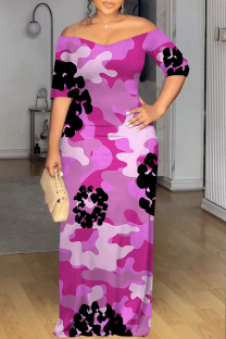 Rose Red Casual Print Patchwork Off Shoulder Long Dresses