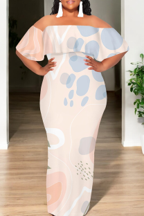 Light Pink Casual Print Patchwork Off Shoulder Long Dresses